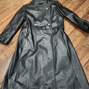 Vintage Black Leather Double-Breasted Women's Coat